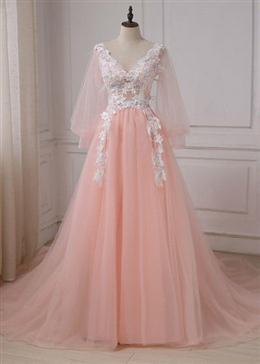 Picture of Pink Lace Applique V-neckline Long Formal Dresses, Long Sleeves Fashionable Evening Gown